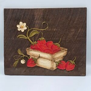 Strawberry Basket Hand Painted on Reclaimed Barn Wood Country Kitchen Wall Decor